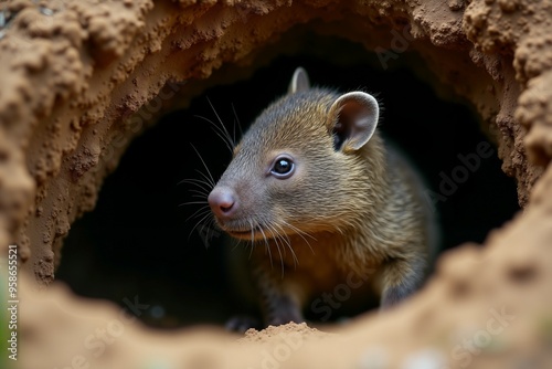 Curious wombat Peeking From Burrow. Wild Life.