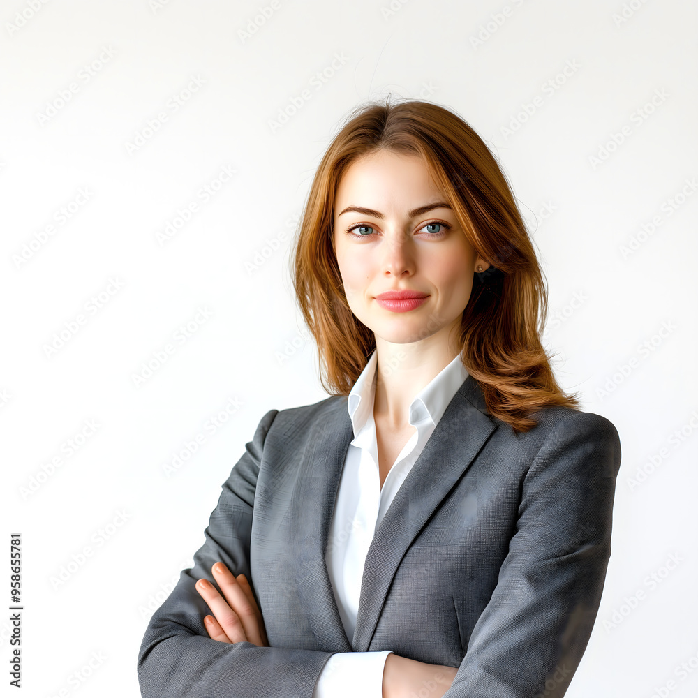 A professional portrait of a female lawyer in a grey blazer, standing against a white background A professional portrait of a female lawyer in a grey blazer, standing against a white background