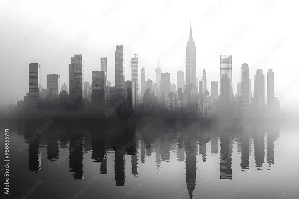 Fototapeta premium Cityscape silhouette of downtown skyscrapers reflecting in river water at sunset.