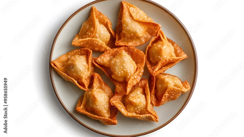 Top view of crispy fried wontons on a plate – golden, savory appetizers perfect for snacking Top view of crispy fried wontons on a plate – golden, savory appetizers perfect for snacking