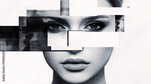 Fragmented Identity: A captivating grayscale portrait of a woman's face deconstructed into abstract geometric shapes, exploring themes of self-perception, mystery, and modern beauty.  photo