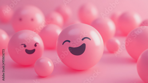 Happy pink spheres with smiling faces create a fun and cheerful atmosphere, perfect for positive-themed designs and playful projects.