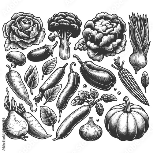vegetables and herbs, pumpkins, carrots, peppers, and leafy greens, in a vintage style sketch engraving generative ai vector illustration. Scratch board imitation. Black and white image.