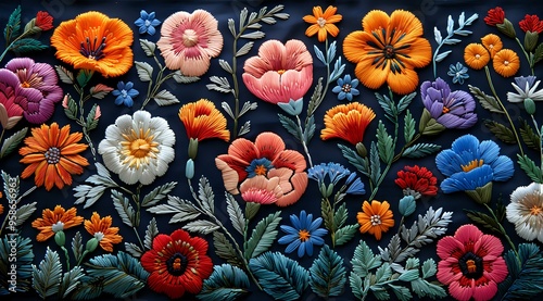Wallpaper Mural richly detailed floral pattern with vibrant blossoms in shades of orange, red, blue, and white, set against a dark background. This design exudes a vintage, embroidered aesthetic, perfect for use Torontodigital.ca