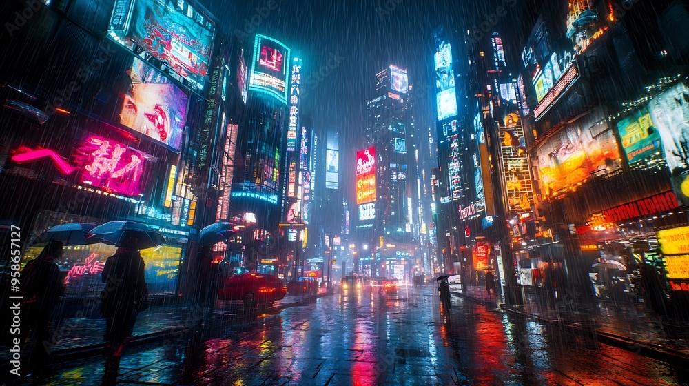 Cyberpunk street scene towering neonlit buildings and rain