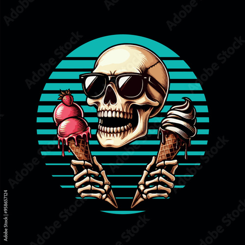 funny vector design t-shirt streetwear skeleton eating ice cream