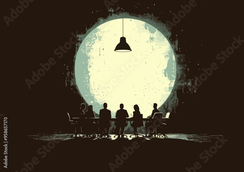 Silhouette Team Meeting Discussing Business Strategy at Night Under Bright Light Minimalistic Vector Illustration