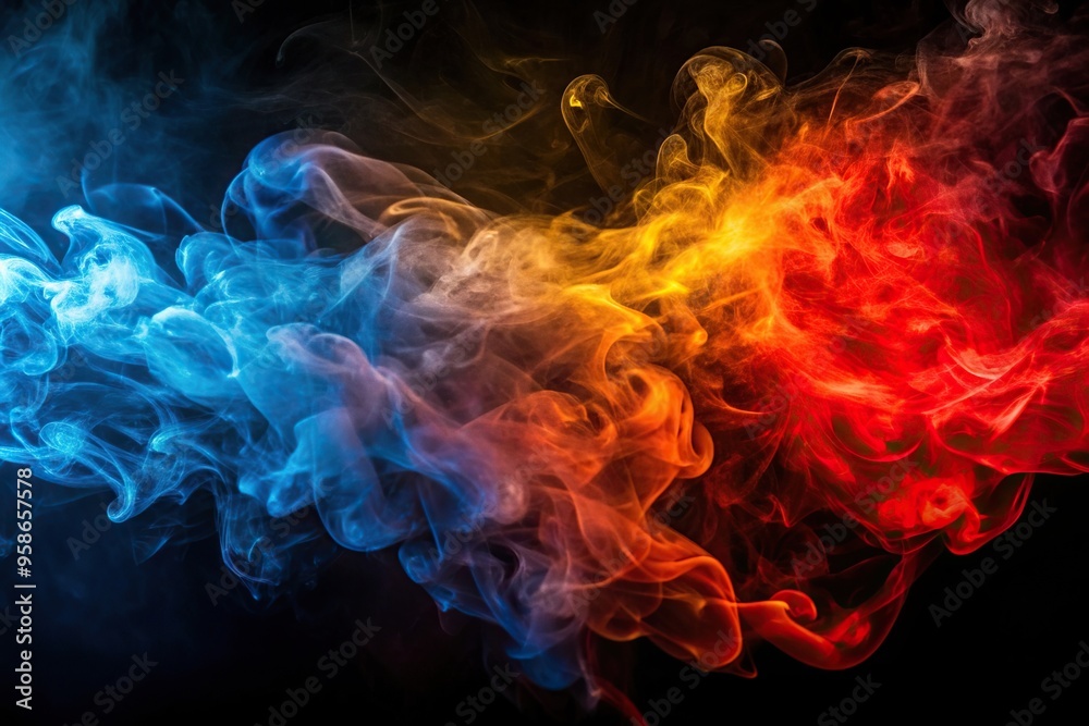 Abstract backlit smoke texture in red blue yellow on a black background from a tilted angle, texture, smoke, red, yellow, blue, backlit, tilted angle Abstract backlit smoke texture in red blue yellow on a black background from a tilted angle, texture, smoke, red, yellow, blue, backlit, tilted angle
