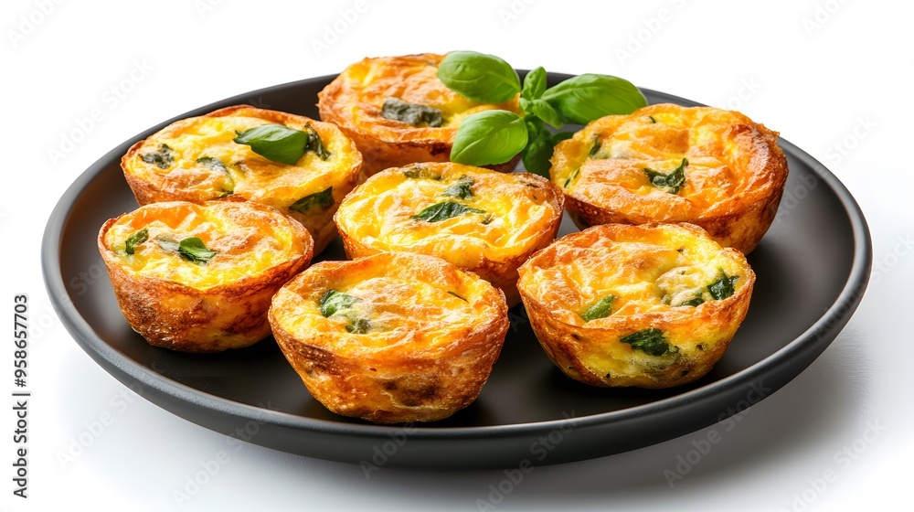 Delicious mini frittatas with spinach on a black plate