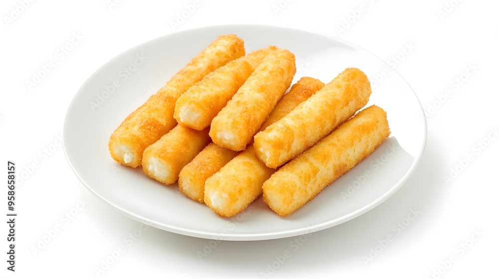 Golden breaded mozzarella sticks on a white plate: crispy and delicious snack appeal Golden breaded mozzarella sticks on a white plate: crispy and delicious snack appeal
