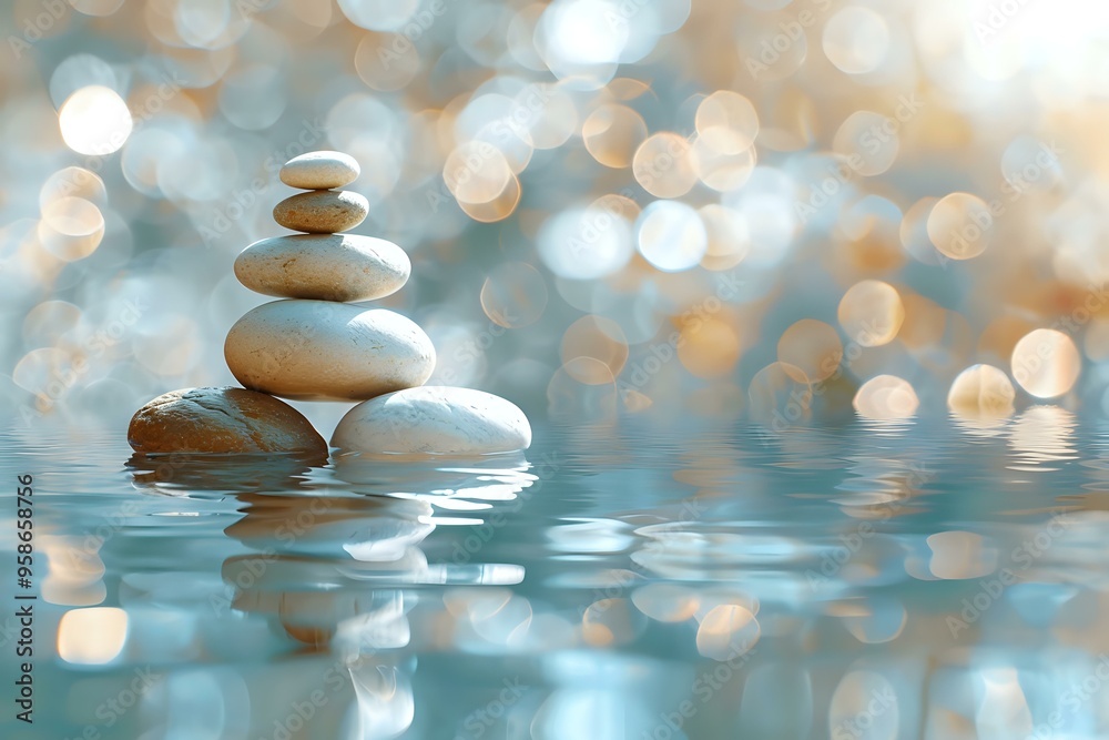 Obraz premium serene image of stacked stones on a reflective water surface, with warm light bokeh in the background, creating a sense of peace and balance. Perfect for wellness, mindfulness, and relaxation