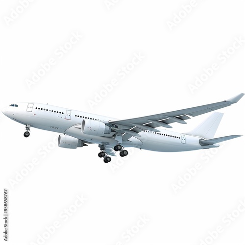 Passenger airplane taking off, isolated on white background, dynamic flight.