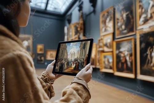 A person navigating through a virtual museum on their tablet, high-resolution images of artwork displayed on the screen