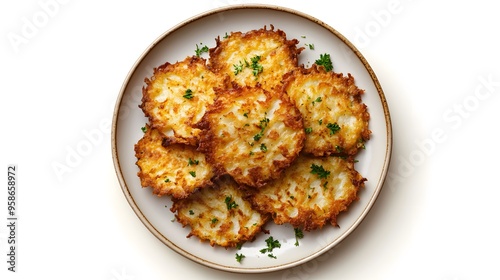 Golden crispy potato latkes garnished with fresh parsley on white plate photo