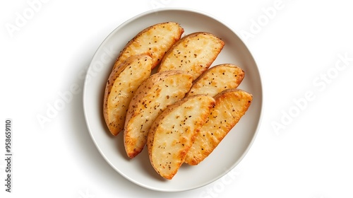 Golden potato wedges on white plate with seasoning