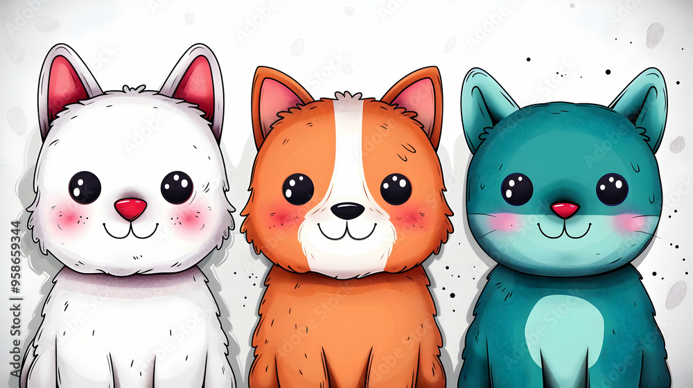 Obraz premium Cute Pet Doodle Vector Set. Cartoon Animals Charac