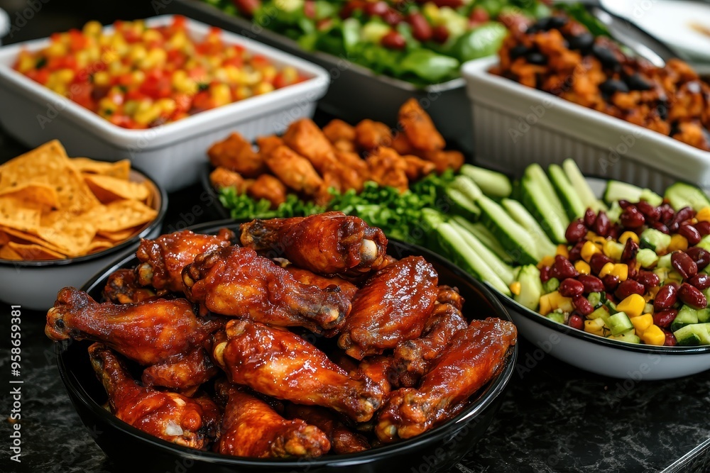 A vibrant spread of various dishes including chicken wings, salads, and snacks for a gathering. A vibrant spread of various dishes including chicken wings, salads, and snacks for a gathering.