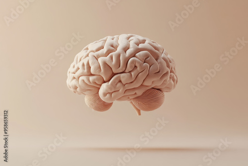 Detailed 3D rendering of a human brain floating against a soft beige background, symbolizing intelligence, science, and neurology.