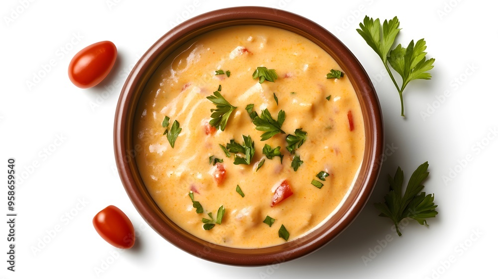 Creamy cheese dip with cherry tomatoes and fresh parsley garnish Creamy cheese dip with cherry tomatoes and fresh parsley garnish