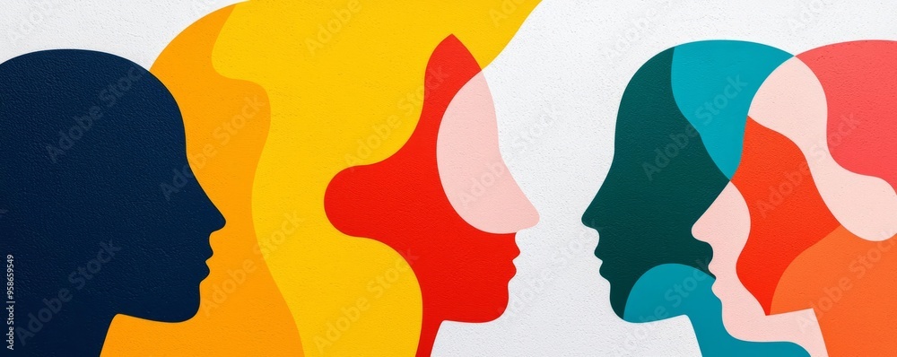 Mural, mental health symbols, reflective design, flat design illustration Mural, mental health symbols, reflective design, flat design illustration