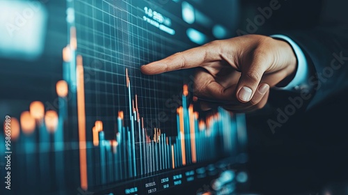 A hand pointing at a financial graph on a computer screen