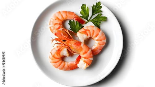 Fresh shrimp dish with parsley garnish on a white plate photo