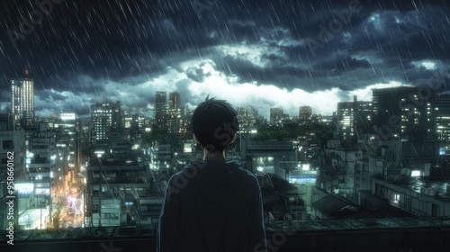 Wallpaper Mural On a rooftop, a character stares out at a dark, rain-soaked city illuminated by flickering lights in the distance, expressing deep emotions Torontodigital.ca