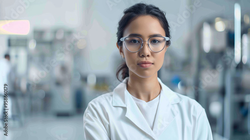 A young female scientist in a laboratory setting, wearing glasses and a white lab coat, stands confidently, ready to conduct experiments.