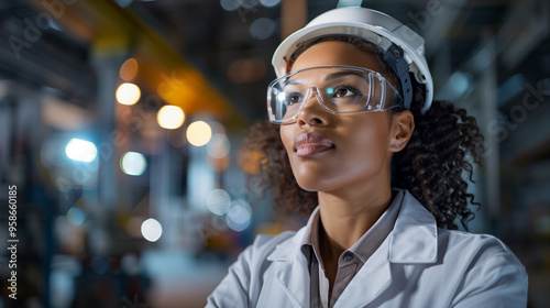 A female engineer in a white coat and safety goggles looks upward in a brightly lit factory environment, reflecting focus and professionalism. photo