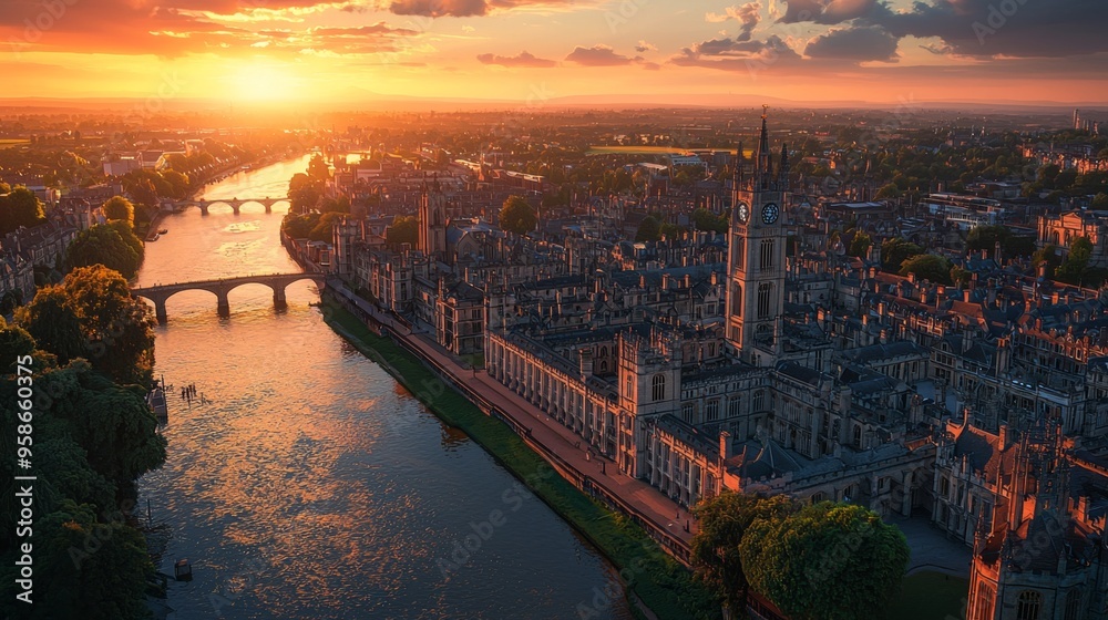 Fototapeta premium Sunset Cityscape with River.