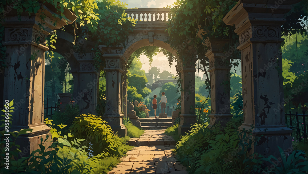 Fototapeta premium Secret Garden with Overgrown Vines and Statues