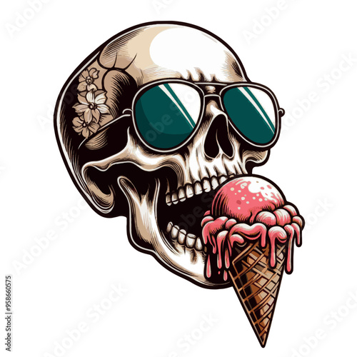funny vector design t-shirt streetwear skeleton eating ice cream
