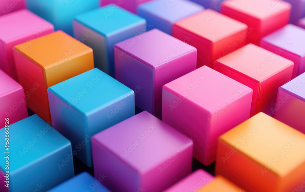 Vibrant and colorful array of geometric cubes, creating a visually appealing pattern with shades of blue, pink, purple, orange, and red. Vibrant and colorful array of geometric cubes, creating a visually appealing pattern with shades of blue, pink, purple, orange, and red.