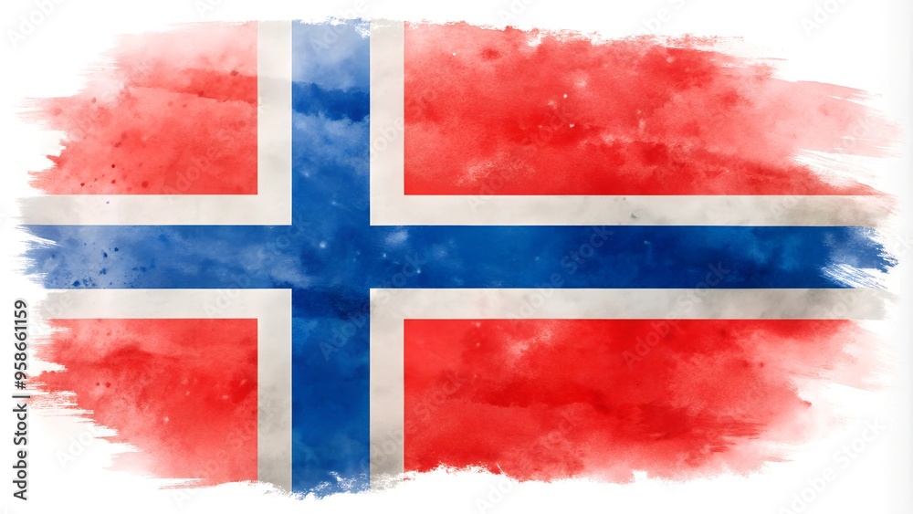 Fototapeta premium Watercolor image of the Norwegian flag, red, blue, and white colors