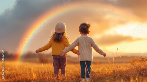 Fototapeta Naklejka Na Ścianę i Meble -  Two children holding hands under a rainbow in a scenic field at sunset. Serene and joyful moment.