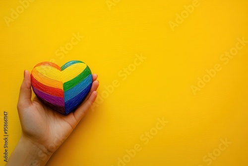 Rainbow-Painted Heart Held in a Hand Against a Yellow Background