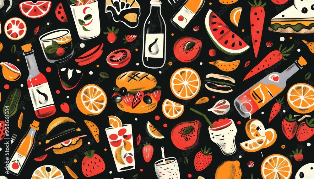 Enticing Colored Seamless Pattern of Diverse Food Drink Motifs Enticing Colored Seamless Pattern of Diverse Food Drink Motifs