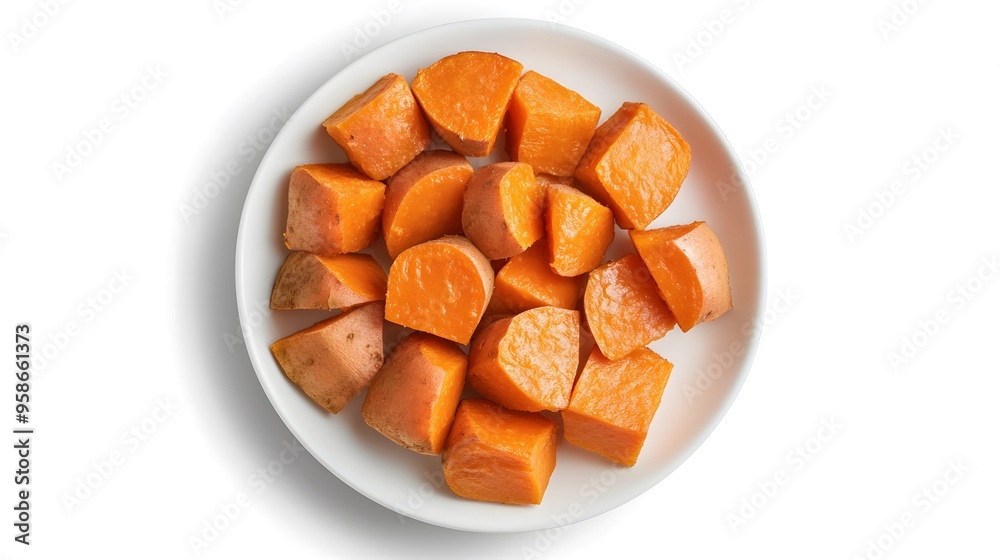 Cubed sweet potatoes on white plate: healthy root vegetable serving suggestion