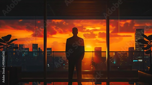 Businessman silhouette against a vibrant sunset skyline, symbolizing ambition, reflection, and the pursuit of success in a modern city.