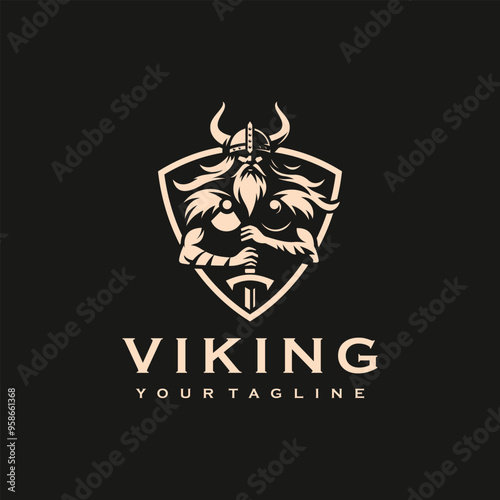 Vikings logo design. Nordic warrior symbol. Horned Norseman emblem. Barbarian man head icon with horn helmet and beard	
