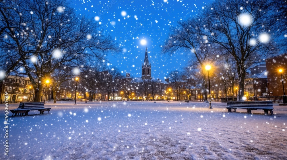 A snow-covered village square is aglow with warm streetlights, while delicate snowflakes fall gently around the charming church tower and hills in the background A snow-covered village square is aglow with warm streetlights, while delicate snowflakes fall gently around the charming church tower and hills in the background