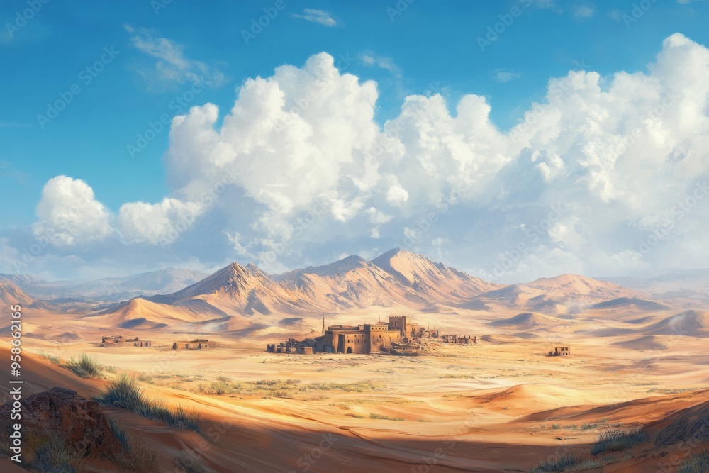 Fototapeta premium A stunning desert landscape with rolling sand dunes and distant mountains. Explore this tranquil scene filled with soft, fluffy clouds. Perfect for nature lovers. Generative AI