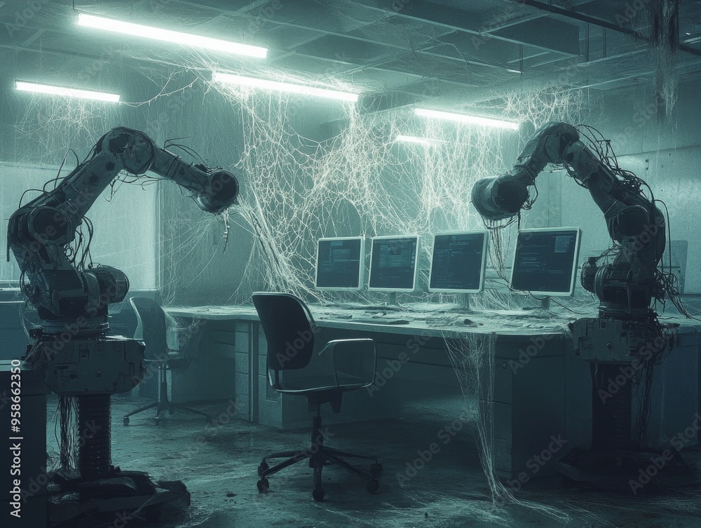 Fototapeta premium Vacant high-tech office, cobweb-covered monitors and chairs, robotic arms idle, stark representation of workforce decline, unsettling atmosphere