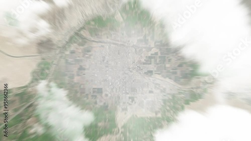 Earth zoom in from space to Yuma, Arizona, USA. Followed by zoom out through clouds and atmosphere into space. Satellite view. Travel intro. Images from NASA