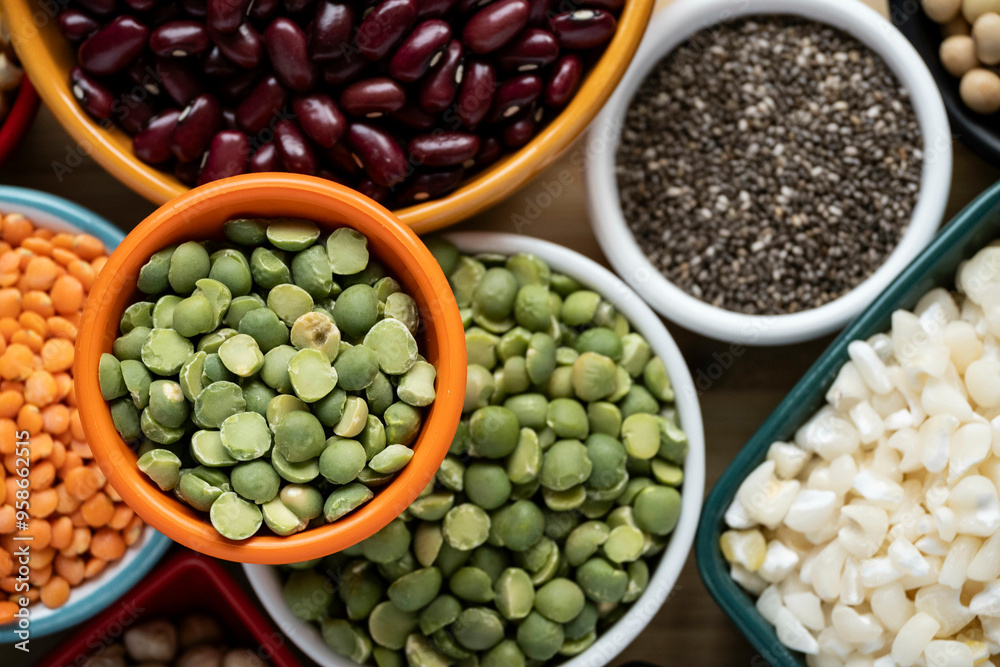 several pots with raw grains for preparing healthy food several pots with raw grains for preparing healthy food
