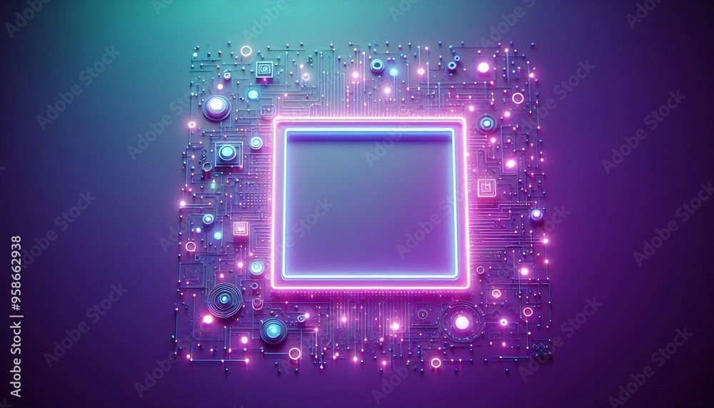 A neon colored square with a black outline. The square is surrounded by a colorful array of small squares and circles. The image has a futuristic and technological feel to it A neon colored square with a black outline. The square is surrounded by a colorful array of small squares and circles. The image has a futuristic and technological feel to it