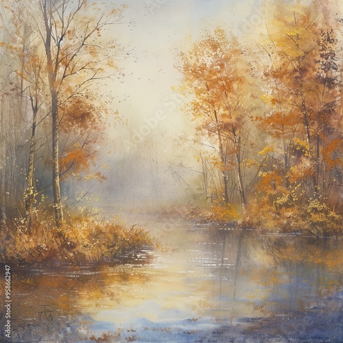 Tranquil Autumn Morning: Foggy River Landscape