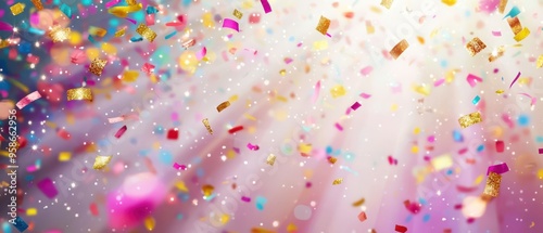 Burst of colorful confetti with shimmering lights, for celebrating joyful moments and special occasions.