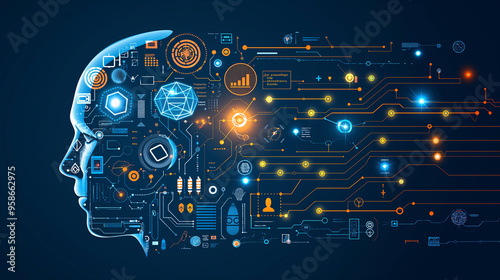 The concept of LLM, AI Large Language Model with icons concept. AI deep learning to use for work support. language model general purpose language generation capability. Vector illustrator template.  photo