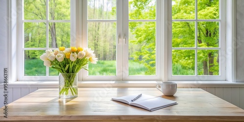 phere The table is neatly arranged with a bouquet of fresh flowers a notepad and a pen offering ample copy space for showcasing creativity productivity and simplicity in a minimalist interior design photo